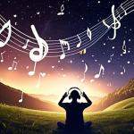 **Image Prompt 1**: A magical night scene depicting a person listening to music with headphones on, surrounded by swirling musical notes that represent love and deep emotions. The background features a serene landscape, with soft lights and stars twinkling, symbolizing the enchanting atmosphere created by Yoo Jae-ha's melody.