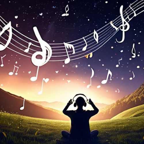**Image Prompt 1**: A magical night scene depicting a person listening to music with headphones on, surrounded by swirling musical notes that represent love and deep emotions. The background features a serene landscape, with soft lights and stars twinkling, symbolizing the enchanting atmosphere created by Yoo Jae-ha's melody.