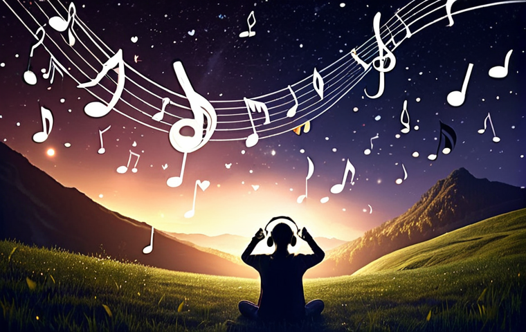 **Image Prompt 1**: A magical night scene depicting a person listening to music with headphones on, surrounded by swirling musical notes that represent love and deep emotions. The background features a serene landscape, with soft lights and stars twinkling, symbolizing the enchanting atmosphere created by Yoo Jae-ha's melody.