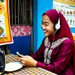 **

"A young Malaysian woman in a modest baju kurung, listening to music on her phone with earbuds, smiling, sitting at a mamak stall with teh tarik on the table, in Kuala Lumpur, fully clothed, appropriate attire, safe for work, perfect anatomy, natural proportions, professional photography, high quality, family-friendly."

**