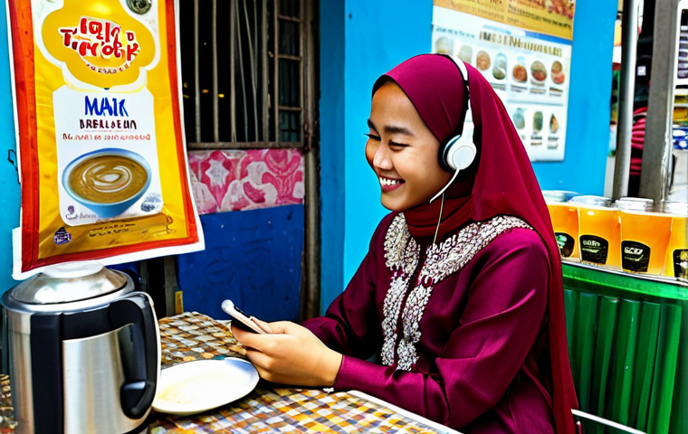 **

"A young Malaysian woman in a modest baju kurung, listening to music on her phone with earbuds, smiling, sitting at a mamak stall with teh tarik on the table, in Kuala Lumpur, fully clothed, appropriate attire, safe for work, perfect anatomy, natural proportions, professional photography, high quality, family-friendly."

**